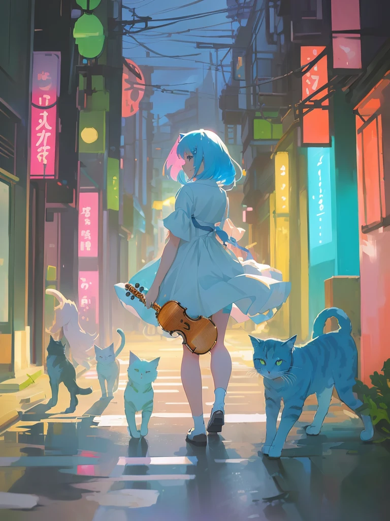 Anime girl with a violin and cats walks down the street, anime style 4 k, anime cat girl, anime style illustration, Nothing, lofi girl, beautiful anime cat girl, anime style. 8 K, anime art wallpaper 8k, work in Guweiz style, Очень красивая anime cat girl, anime styled digital art, in the style of Ross Tran