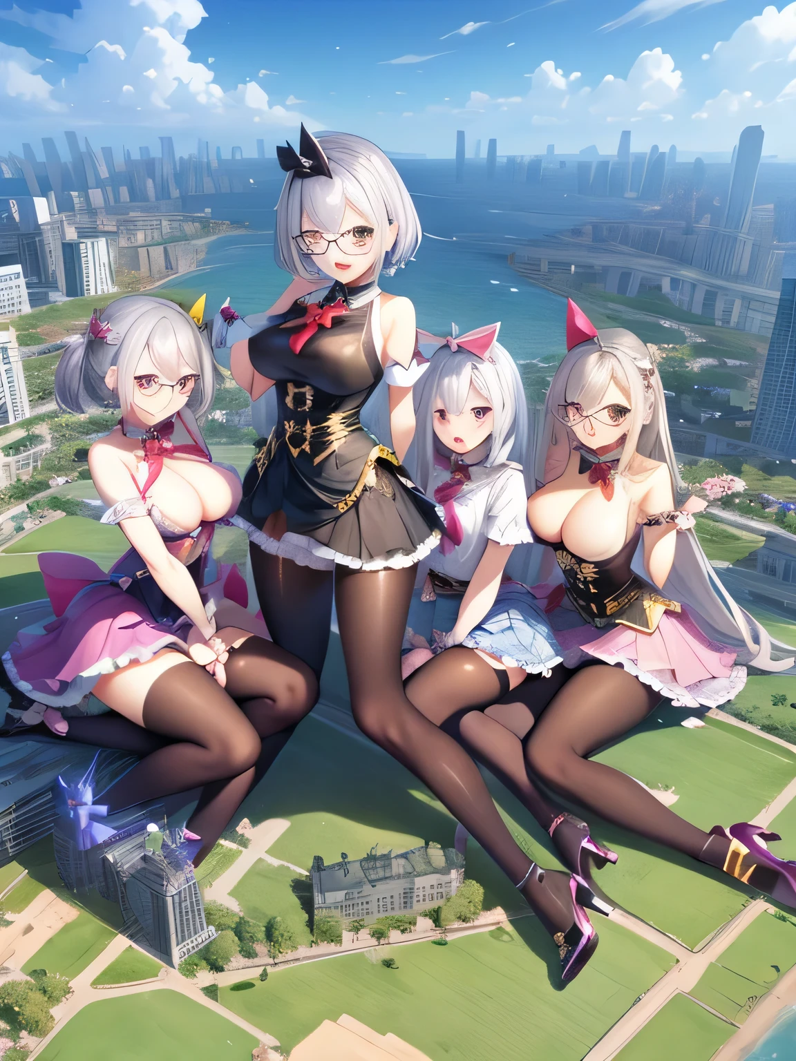 multiple girls, 3girls, standing, giantess art, highly detailed giantess shots, giantess, most detailed, perfect face, Two legs, Five fingers, short hair, A beautiful girl who is bigger than a skyscraper, Wearing rimless glasses, smile, huge , magical girl dress, bow, magical girl, holding a magical wand, black pantyhotiletto heels, thunderbolt from a magical wand, seaside metropolis, numerous miniature warships on the sea, Destroying cities, Under heavy attack, A very small big city, Miniature metropolis, Full body description, GTS, giga giantess, gigagts, stomping city, crash city, tiny city, micro city, pantyhose feigh resolution, highest quality, masterpiece, 