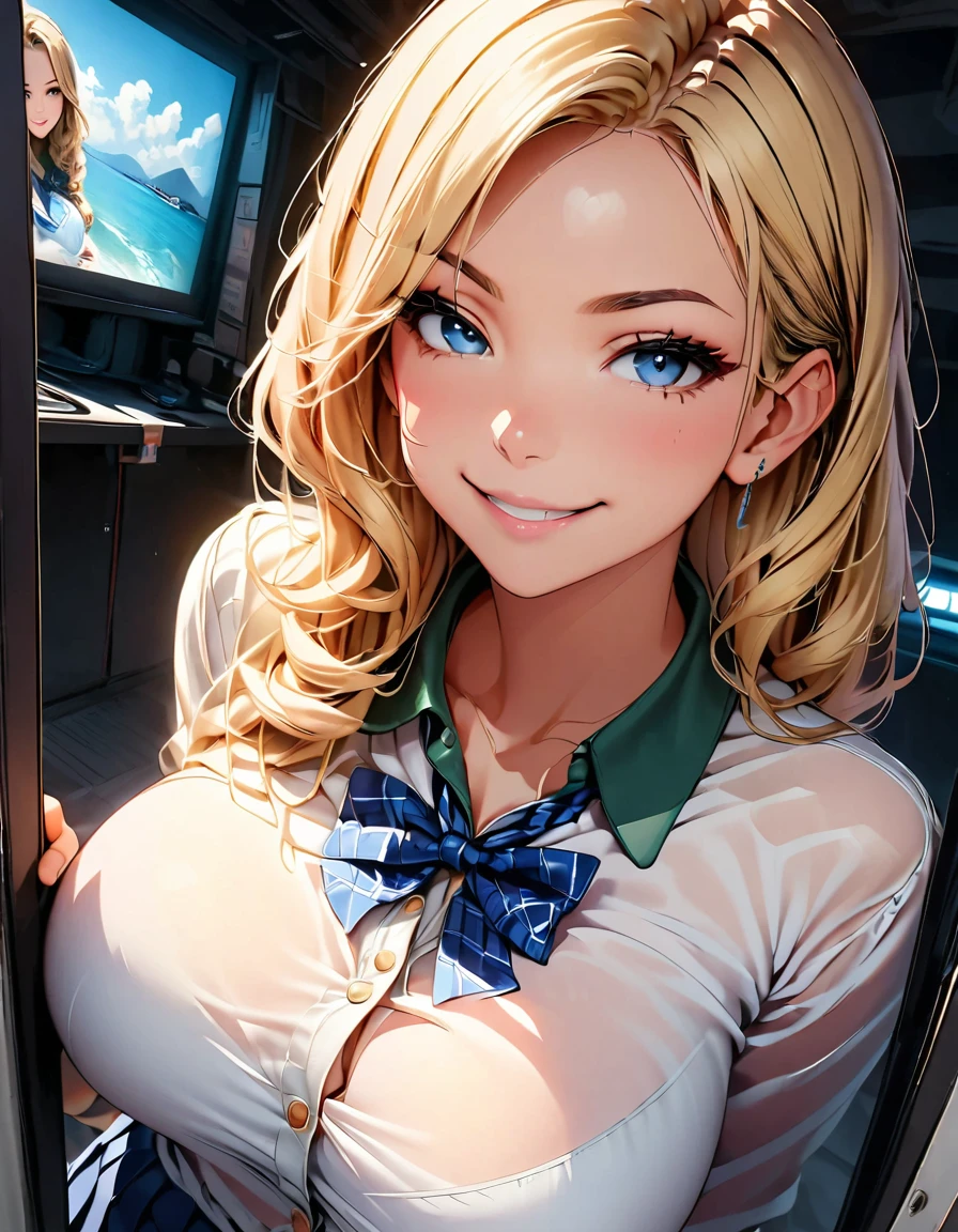 View from the peephole, Realistic young woman with blonde hair(Shoulder length), blue eyes and big breasts. She is smiling at the viewer, , Pleated skirt. Screen vignetting, Wide-angle shot, The corners of the screen are black., Looking through the peephole is a thrill..evil smirk,latex