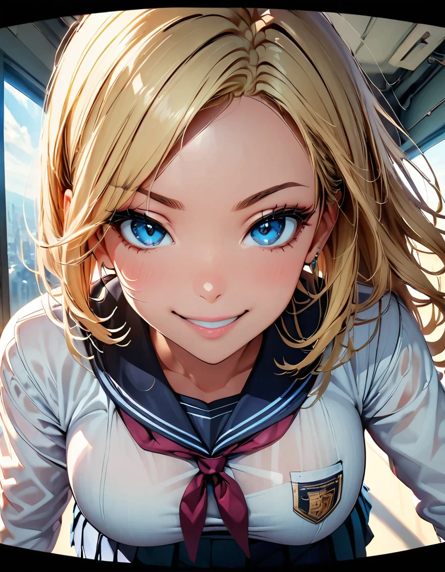 View from the peephole, Realistic young woman with blonde hair(Shoulder length), blue eyes and big breasts. She is smiling at the viewer, , Pleated skirt. Screen vignetting, Wide-angle shot, The corners of the screen are black., Looking through the peephole is a thrill..evil smirk,latex