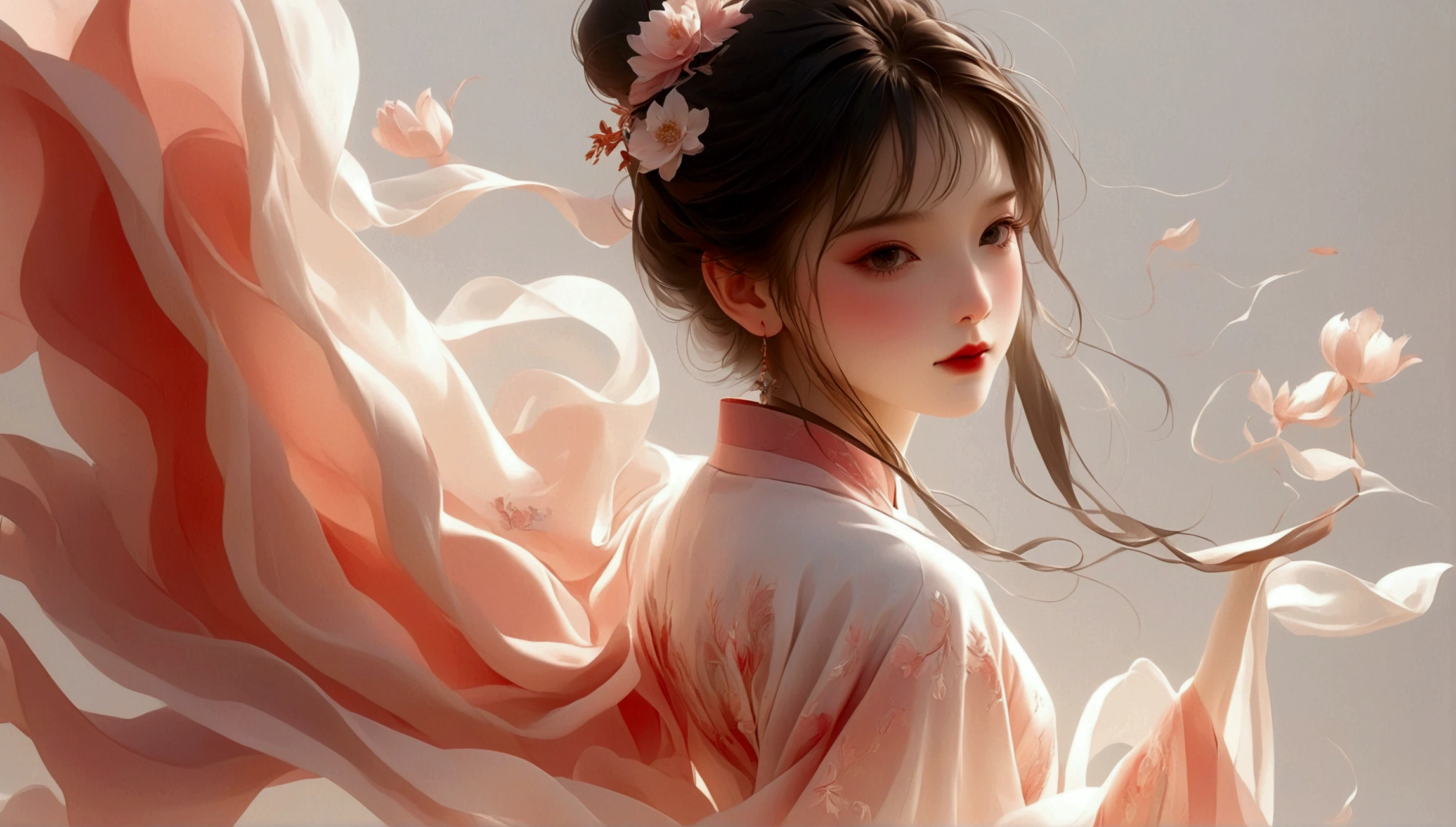 A little girl dancing；[Dark Eyes，confidence，High and cold，happy]；[Long skirt，Elegant，Long sleeve；Set，Light pink and white gradient，Traditional style，The skirt has no pattern，Long skirt下摆像花瓣，Connect with the background,White background；Full body panorama 1.5，Character front；Composition：The character is on the right side of the screen，Large area of white space；Long hair in the wind,Fashion, Dynamic photography, Dynamic photography；Influence of modernism, nature, , modern Art, Astonishing, blur background, Soft lighting，Character front光, happy emotion, Simple style；Minimalism。Panoramic photography；Shallow depth of field, Extraordinary details, masterpiece, high quality, 4K，cinematic lighting, motion blur, depth of field, sparkle, ray tracing, reflection light, anatomically correct, uhd, textured skin, best quality, super detail, highres, high details, accurate, high quality, award winning。