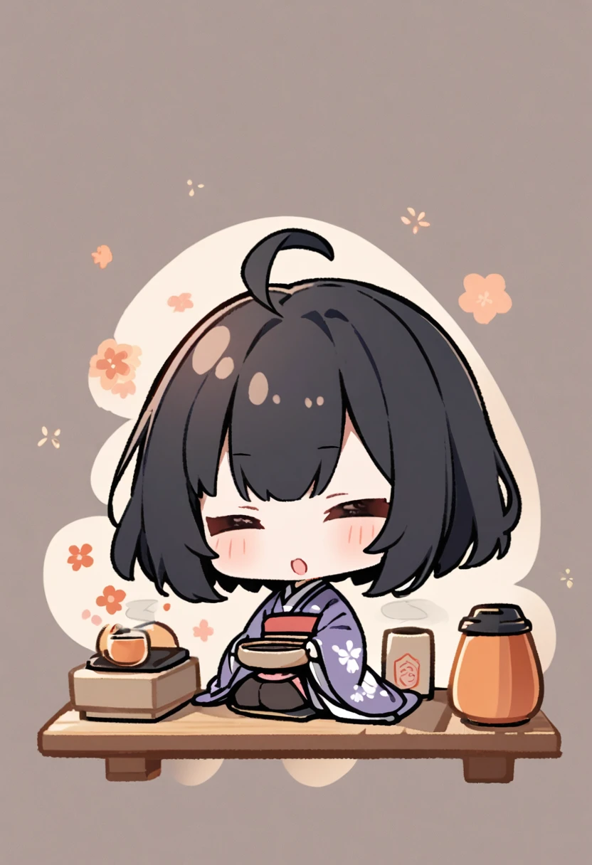 A girl in a kimono sits upright、Offering Japanese tea、Chibi Character、Ahoge、Black Hair、