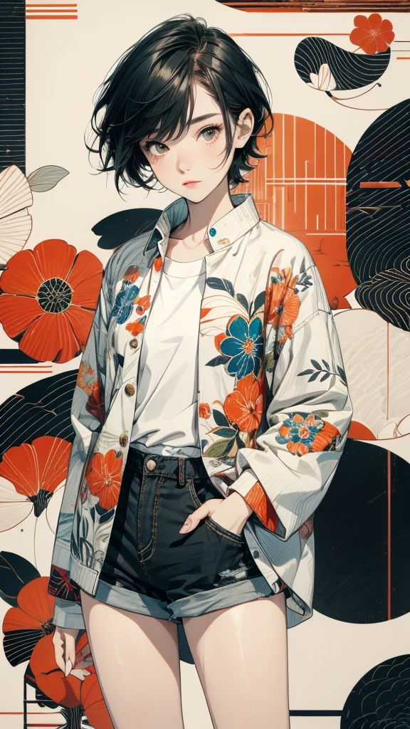 From above, 20-year-old woman, Asymmetrical short hair, Hands in pockets, Coordination of Japanese pattern jacket and micro mini shorts:1.2, Petal Collage, abstract design, artistic juxtapositions, And handle background, warm color, mixed-media approach, Anime Style, Simple lines, Digital Painting, (masterpiece, High resolution, Highest quality)