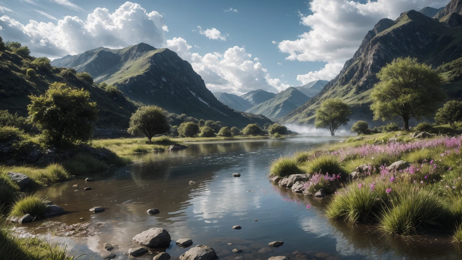 ((Masterpiece)), Hyperrealistic, amazing unreal engine, LUMA:0.015, very intricate details, add_details:1, S=1/650, (depth of field:1500mm), focus on details:1.1, "Imagine a swollen river devastating the towns through which it flows, within the river bed you can see rotten remains of cadaverous animal fauna, clouds of steam emerge from the river bed, along with a strange and mysterious fog, (moss on the rocks: 0.58), iridescent reflex over the water:0.06, (The running water splashes the rocks and causes the splashes to be seen where the light is reflected:0.4), On the banks of the river, on both sides, you can see several pixies and gnomes that are migrating to the highlands."