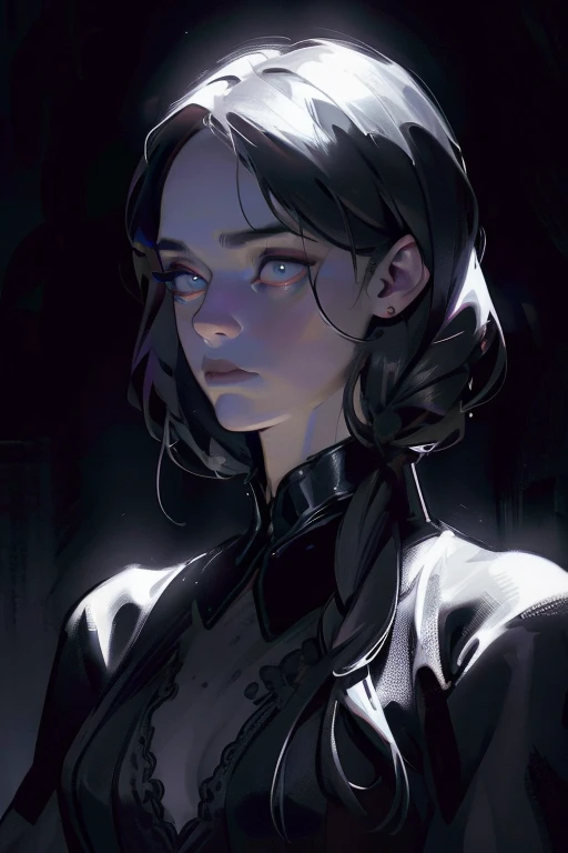 Adult Wednesday Addams. (small breasts). Sad, depressed, somber. Masterpiece, best quality,(highly detailed:1.2),(detailed face and eyes:1.2), 8k wallpaper, Moody lighting. core shadows, high contrast, bokeh. atmospheric, intricate.