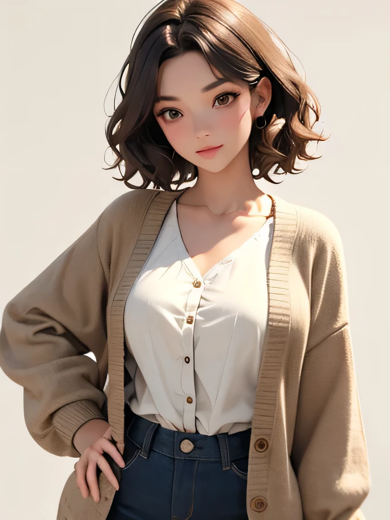 Girl, brown eyes, wavy short hair, vintage cardigan outfit, pose, masterpiece, 8K, 3D, brown vibes, aesthetic potrait, white color background.