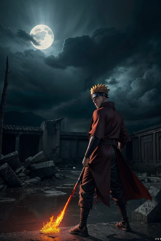 Naruto uzumaki, devil mode, angry, fighting scene nine tails, 1 man, detailed face, detailed eyes, detailed lips, detailed facial expression, powerful dark energy, dynamic action pose, fiery red chakra cloak, nine tails silhouette, dark cloudy sky, ruins, cinematic lighting, dramatic atmosphere, (best quality,4k,8k,highres,masterpiece:1.2),ultra-detailed,(realistic,photorealistic,photo-realistic:1.37),detailed environment,dark fantasy,moody colors,cinematic composition
