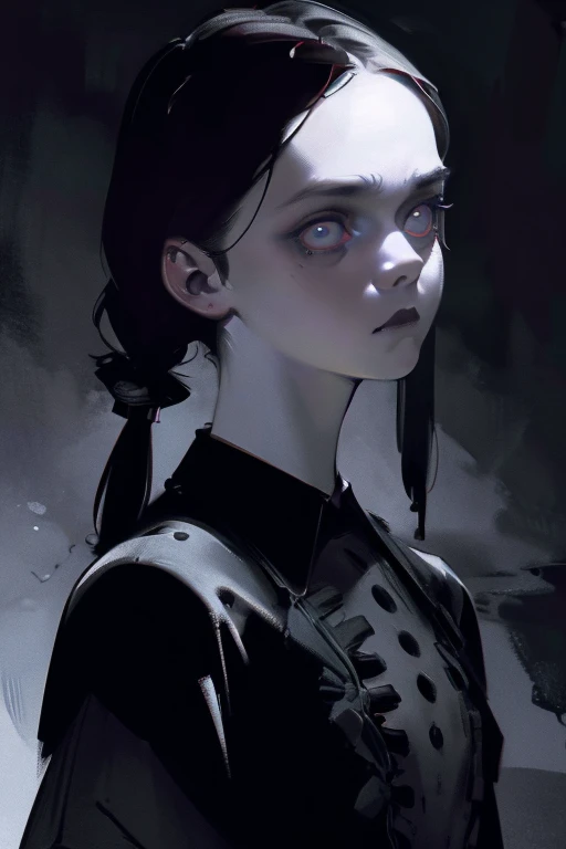 Adult Wednesday Addams. (pigtails),(small breasts). Sad, depressed, somber. Masterpiece, best quality,(highly detailed:1.2),(detailed face and eyes:1.2), 8k wallpaper, Moody lighting. core shadows, high contrast, bokeh. atmospheric, intricate.