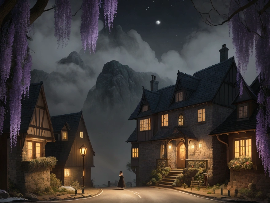 AI-generated image described as a cubism-inspired artwork featuring a dark, misty moonlit night with a beautiful girl on a village road. The scene includes mountainous backgrounds, houses covered in cascading wisteria vines, and an old Victorian Scotswoman with a Pomeranian looking at the cameraman. The image captures a blend of natural and abstract elements with a surreal, artistic twist.