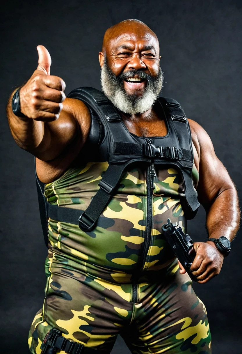 (a dark-skinned bearded fat muscular old man in a bulky army camouflage zipper diver suit) masturbating, thumbs up, carrying a gun, muscular, Bruce Onobrakpeya, sumatraism, stanley artgermm, action, heroic, fierce, angry