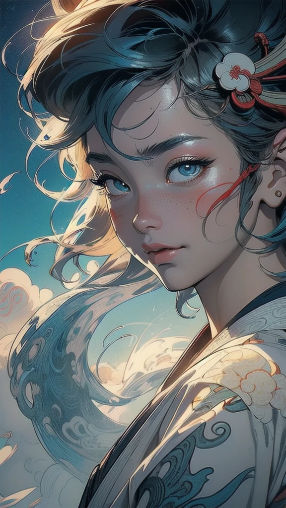 (((masterpiece, highest quality))),,(((solo:1.2))),(((1girl:1.2))),32k wallpaper, very detailed, poster, vintage science fiction,(((((portfolio))))),(((((Close-up))))),(((((bust up))))),((((more various angle)))),((((highlight)))),((((heterochromia)))),(((complete. detailed face))),(((detailed unlimited complete equipment : great ocean))),(((((Absolutely Realistic Clouds background))))),(((Texture for people : halftone))),((Open your mouth wide)),(((Wind God and Thunder God))),(((Ukiyo-e))),