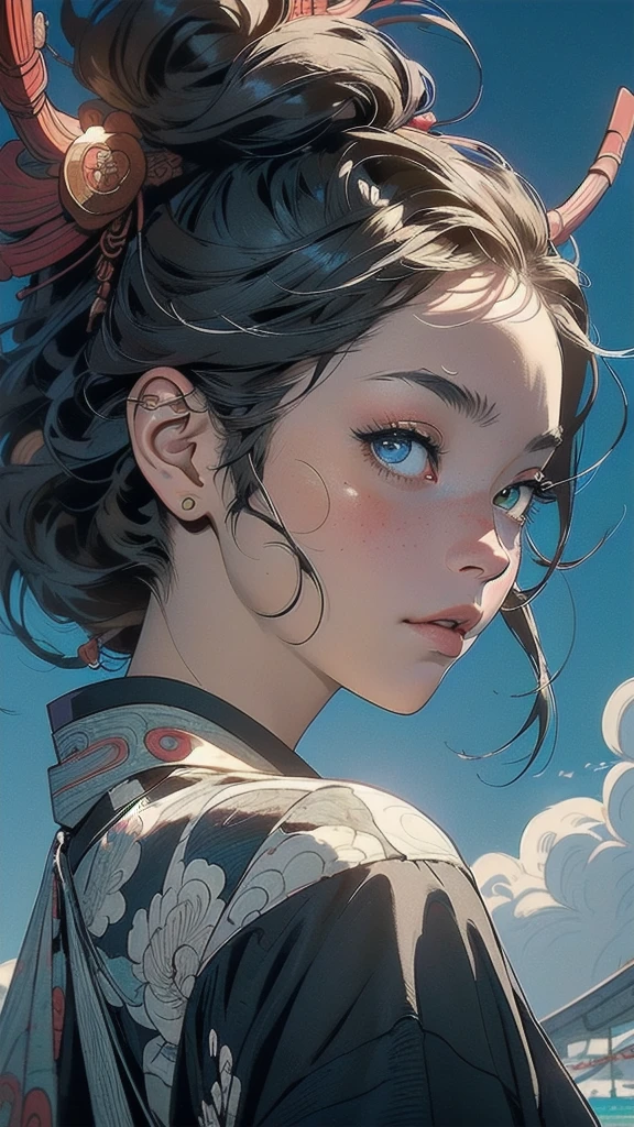 (((masterpiece, highest quality))),,(((solo:1.2))),(((1girl:1.2))),32k wallpaper, very detailed, poster, vintage science fiction,(((((portfolio))))),(((((Close-up))))),(((((bust up))))),((((more various angle)))),((((highlight)))),((((heterochromia)))),(((complete. detailed face))),(((detailed unlimited complete equipment : great ocean))),(((((Absolutely Realistic Clouds background))))),(((Texture for people : halftone))),((Open your mouth wide)),(((Wind God and Thunder God))),(((Ukiyo-e))),