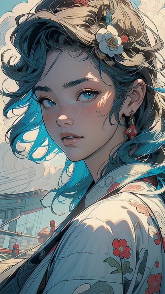 (((masterpiece, highest quality))),,(((solo:1.2))),(((1girl:1.2))),32k wallpaper, very detailed, poster, vintage science fiction,(((((portfolio))))),(((((Close-up))))),(((((bust up))))),((((more various angle)))),((((highlight)))),((((heterochromia)))),(((complete. detailed face))),(((detailed unlimited complete equipment : great ocean))),(((((Absolutely Realistic Clouds background))))),(((Texture for people : halftone))),((Open your mouth wide)),(((Wind God and Thunder God))),(((Ukiyo-e))),