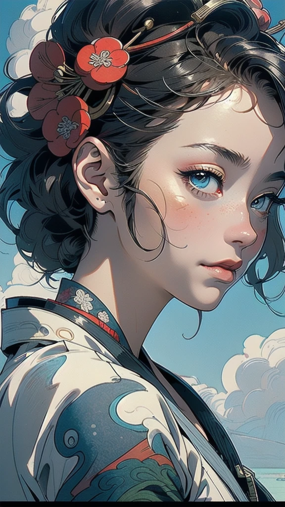 (((masterpiece, highest quality))),,(((solo:1.2))),(((1girl:1.2))),32k wallpaper, very detailed, poster, vintage science fiction,(((((portfolio))))),(((((Close-up))))),(((((bust up))))),((((more various angle)))),((((highlight)))),((((heterochromia)))),(((complete. detailed face))),(((detailed unlimited complete equipment : great ocean))),(((((Absolutely Realistic Clouds background))))),(((Texture for people : halftone))),((Open your mouth wide)),(((Wind God and Thunder God))),(((Ukiyo-e))),