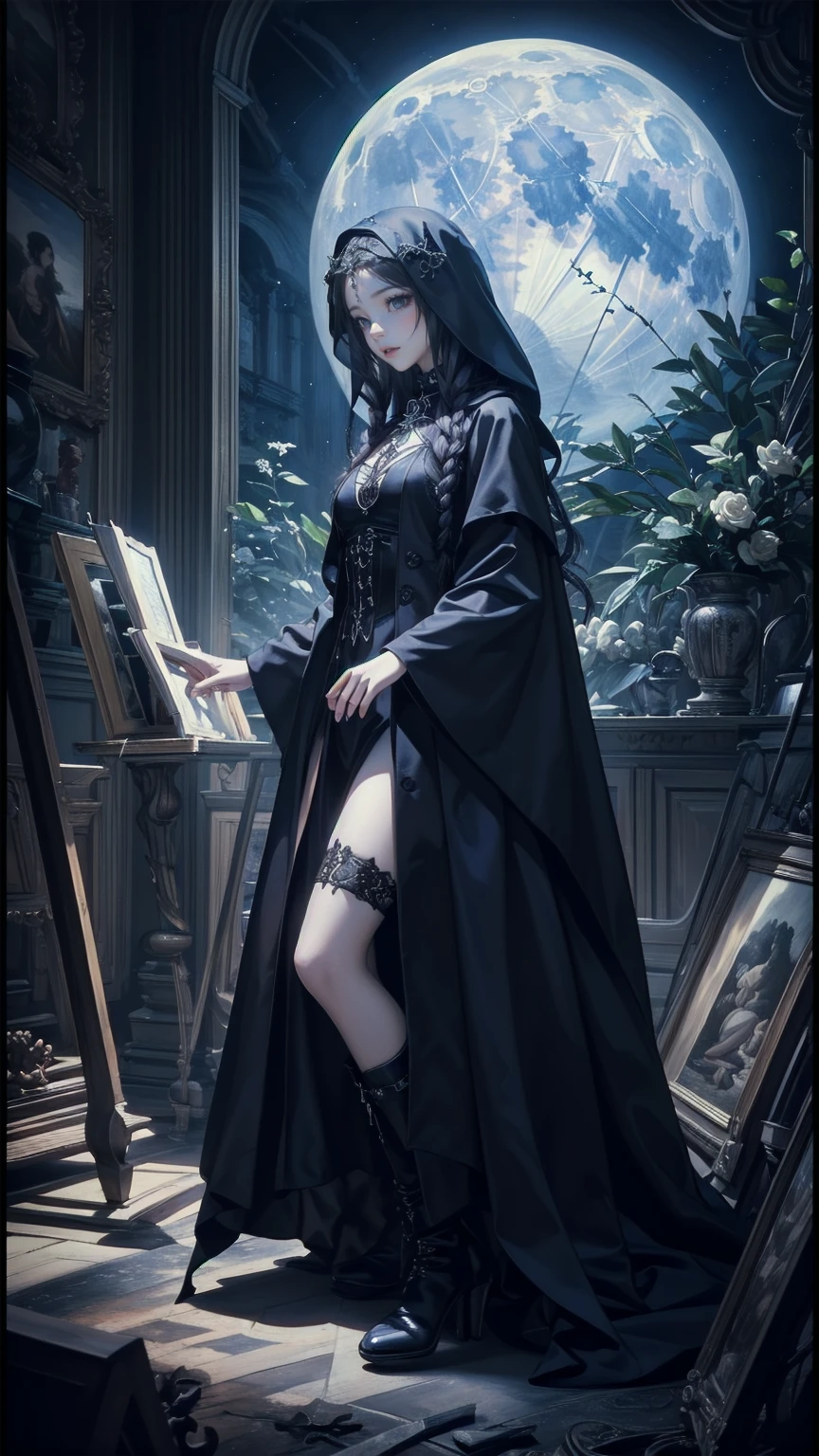 Attention to detail, Highest quality, 8k, [Super detailed], masterpiece, Highest quality, (Very detailed), Dynamic Angle, Ultra Wide Shot, Realistic, Dark Fantasy Art, Gothic art, Dark RPG Art, Realistic芸術, 女性の人間の聖職者のUltra Wide Angle写真, Grab the spear, Wearing a black cloak, Black leather suit, With star seal (intense details, masterpiece, Best details: 1.5), High heel boots, sacred symbols for casting spells, white magic seal (intense details, masterpiece, Best details: 1.5), Symbols of the stars and the moon, Blue light from the symbol, Blonde (intense details, masterpiece, Best details: 1.5), Long Hair, Braided hair, small, Strong Eyes, Green Eyes, Moon and stars background, (( Goth worship atmosphere)), moon light Attention to detail, Highest quality, High resolution, Ultra Wide Angle