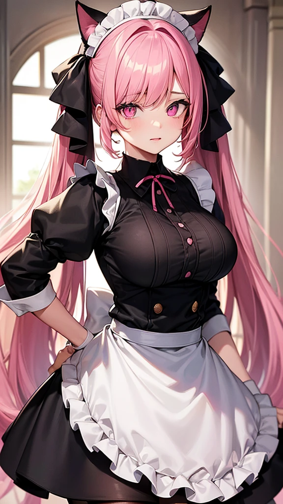 (Highest quality,High resolution,Very detailed,girl)black tights,Pink Hair,height: 160cm,cute,Pink Eyes,Wearing maid uniform,Twin tails,Big Breasts,Her eyes are white and shining,Has bright white eyes,looks very shy,Cat ears grow,The tail is growing,