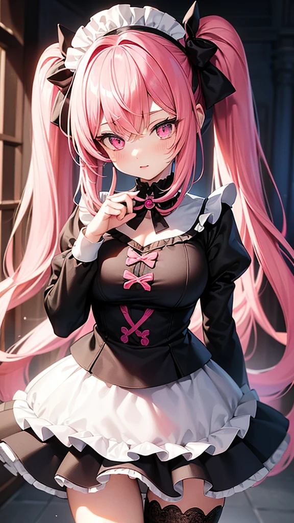 (Highest quality,High resolution,Very detailed,girl)black tights,Pink Hair,height: 160cm,cute,Pink Eyes,Wearing maid uniform,Twin tails,Big Breasts,Her eyes are white and shining,Has bright white eyes,looks very shy,Cat ears grow,The tail is growing,