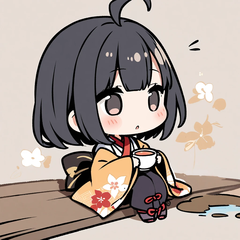 A girl in a kimono sits upright、Offering Japanese tea、Chibi Character、Ahoge、Black Hair、