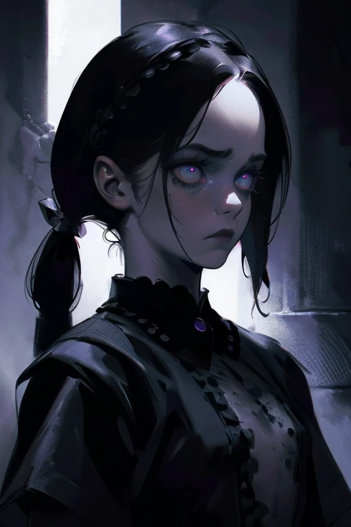 Adult Wednesday Addams. (pigtails),(small breasts). Sad, depressed, somber. Masterpiece, best quality,(highly detailed:1.2),(detailed face and eyes:1.2), 8k wallpaper, Moody lighting. core shadows, high contrast, bokeh. atmospheric, intricate.