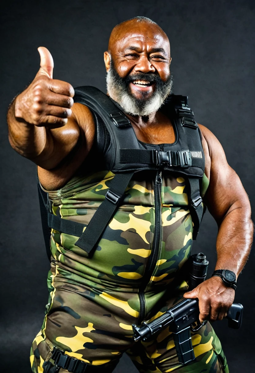(a dark-skinned bearded fat muscular old man in a bulky army camouflage zipper diver suit) masturbating, thumbs up, carrying a gun, muscular, Bruce Onobrakpeya, sumatraism, stanley artgermm, action, heroic, fierce, furious