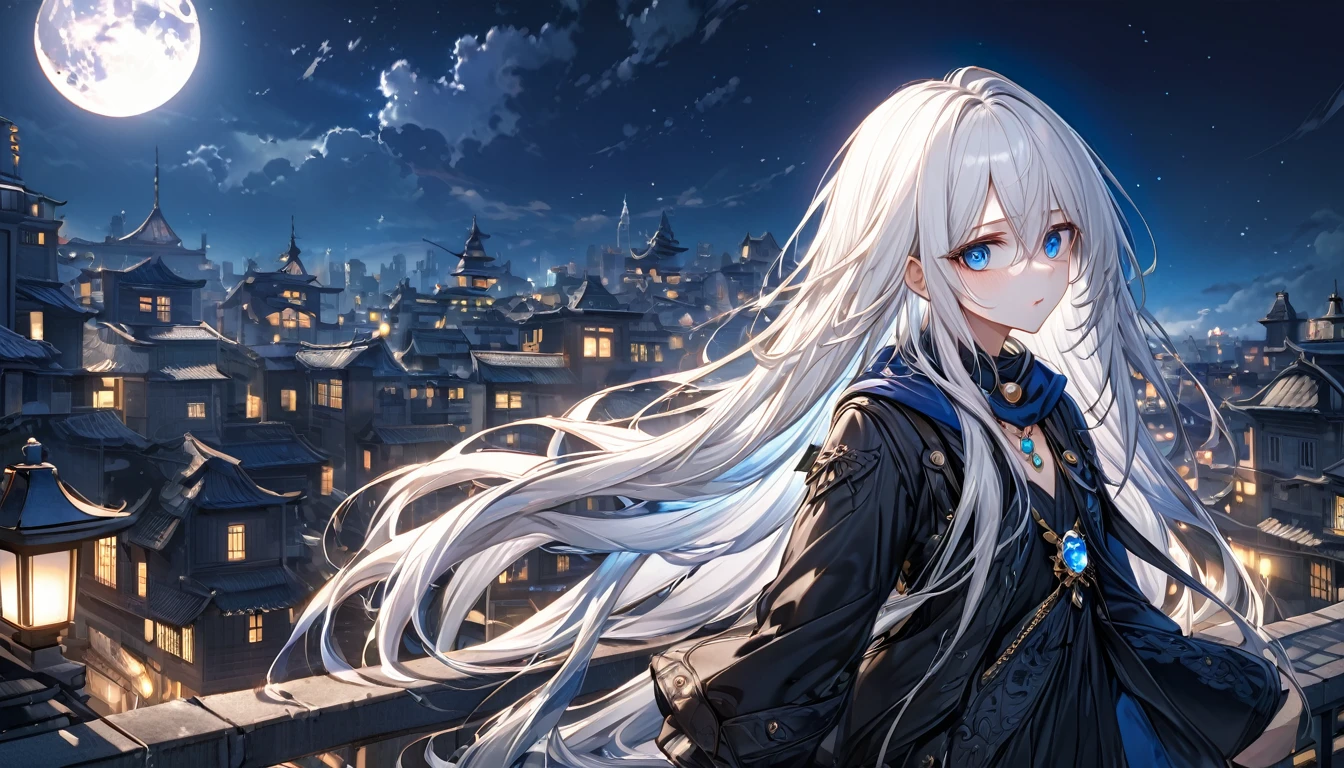 **124. One person。mysterious。Long-haired white-haired girl。Cowboy shot or close-up。
masterpiece , best quality , ultra detailed
(Detailed fingers), (Emotional), (Breathtakingly beautiful), (main part: 1.2 Whole body.), (Anime Style), (Very detailed), (Brutal), (超High resolution, High resolution), (8k), (High resolution: 1.2), (Complex and beautiful: 1.2)**
- background: City rooftop at night、The full moon shines。
- Long-haired white-haired girl: A delicately drawn black thief-esque outfit、Sparkling Eyes。He has a bag of jewels in his hand。
- Effects: Blue light emitted from the gem、Silence echoes on the rooftop。