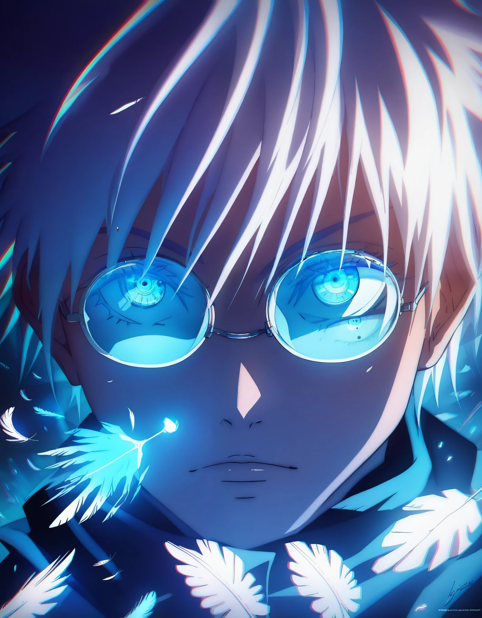 (score_9, score_8_up, score_7_up), zPDXL, 1 boy, alone, looking at viewer, simple warm colored background, neon blue eyes, close-up, short hair, white hair, broken glasses, lenses, neon blue feathers falling, serious look, determination, dark aura, front view, masterpiece, best quality, hyper detailed, cinematic light, intricate detail, high resolution, official art, detailed glow, blue light feathers, portrait, the pupil of the eyes with detailed structures, miracle, dark atmosphere, neon blue feathers, mole, jewelry accessories, diffraction peak, vibrant colors, concept artist, electronic links, falling feather