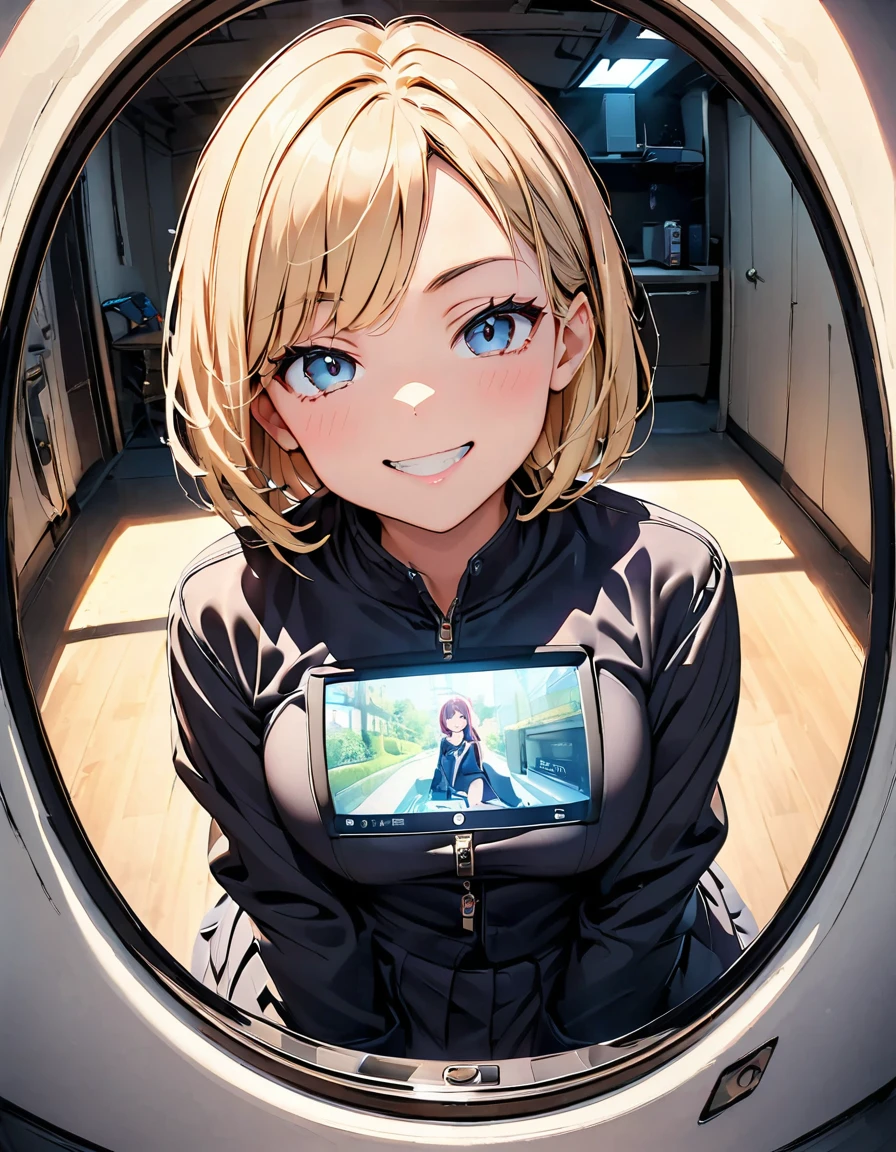 View from the peephole, . She is smiling at the viewer, , . Screen vignetting, Wide-angle shot, The corners of the screen are black., Looking through the peephole is a thrill..evil smirk,latex