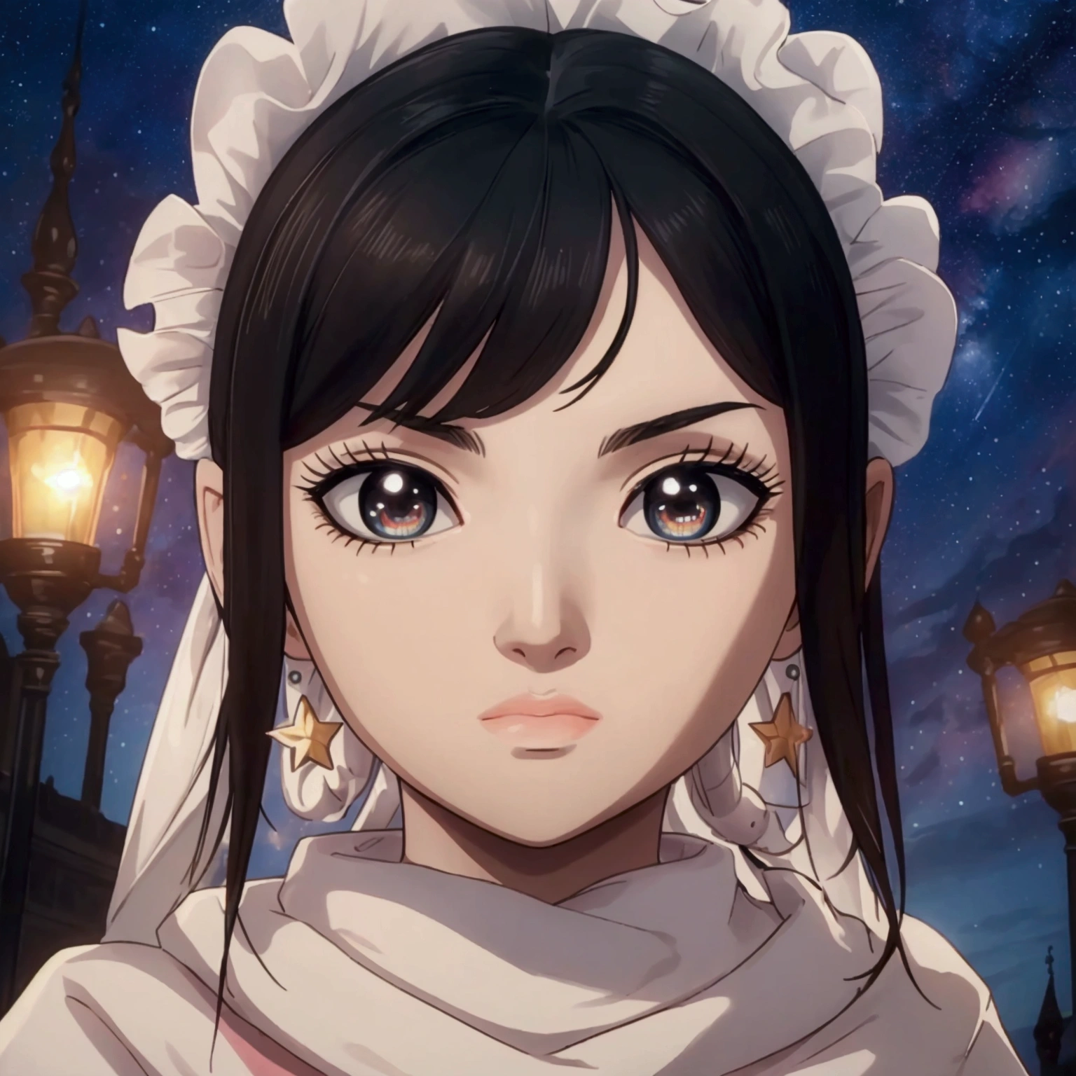 masterpiece, best quality, masterpiece, godlike quality, godlike art, highly detailed face, full body, highly realistic, cute, young girl, big eyes, long eyelashes, multicolored hair, multicolored eyes, shiny skin, full lips, big lips, shiny skin, blushing, magnificent view, in space, starry background, stars, shining light, multicolored light, maid costume