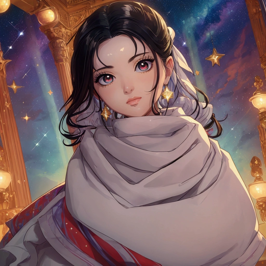 masterpiece, best quality, masterpiece, godlike quality, godlike art, highly detailed face, full body, highly realistic, cute, young girl, big eyes, long eyelashes, multicolored hair, multicolored eyes, shiny skin, full lips, big lips, shiny skin, blushing, magnificent view, in space, starry background, stars, shining light, multicolored light, maid costume