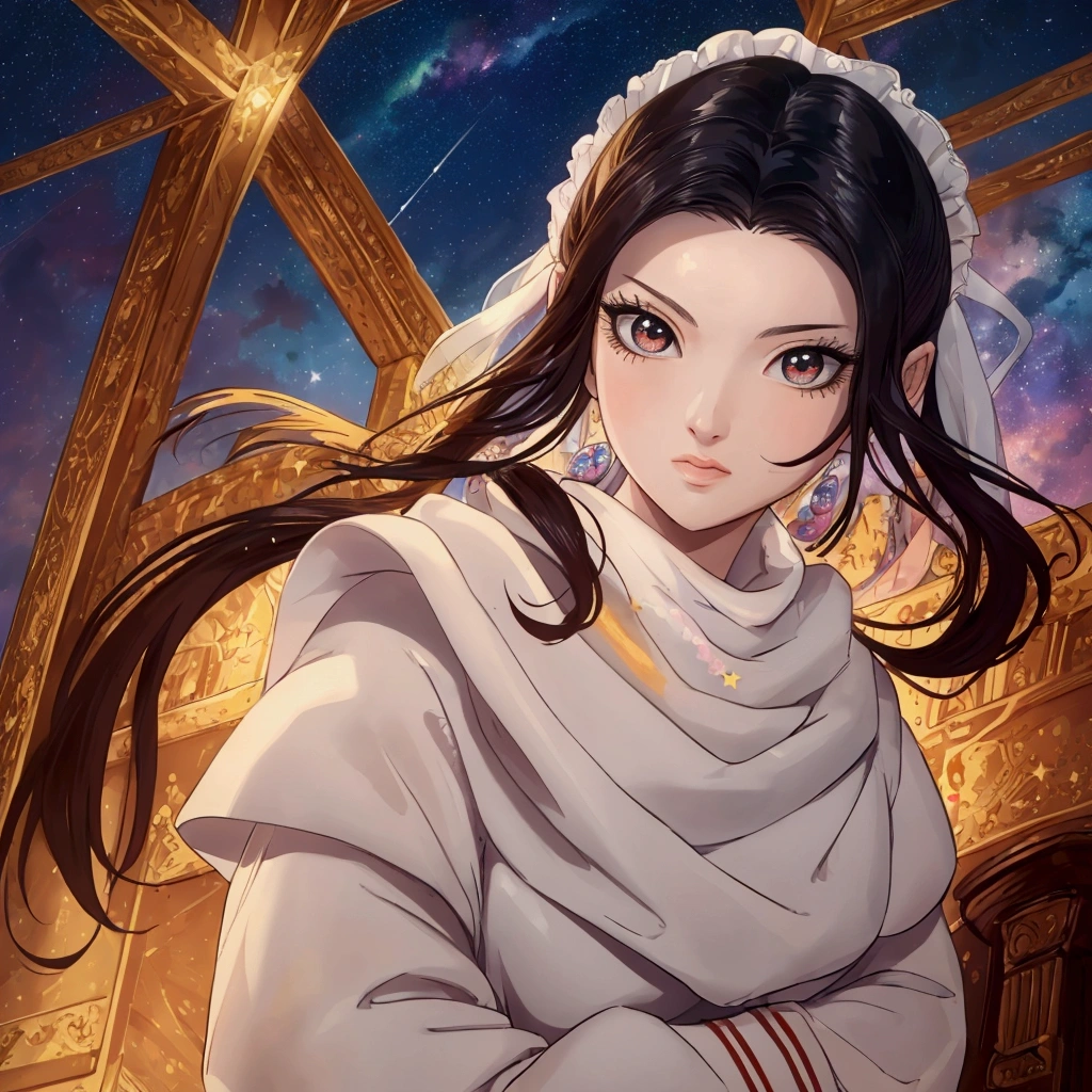 masterpiece, best quality, masterpiece, godlike quality, godlike art, highly detailed face, full body, highly realistic, cute, young girl, big eyes, long eyelashes, multicolored hair, multicolored eyes, shiny skin, full lips, big lips, shiny skin, blushing, magnificent view, in space, starry background, stars, shining light, multicolored light, maid costume