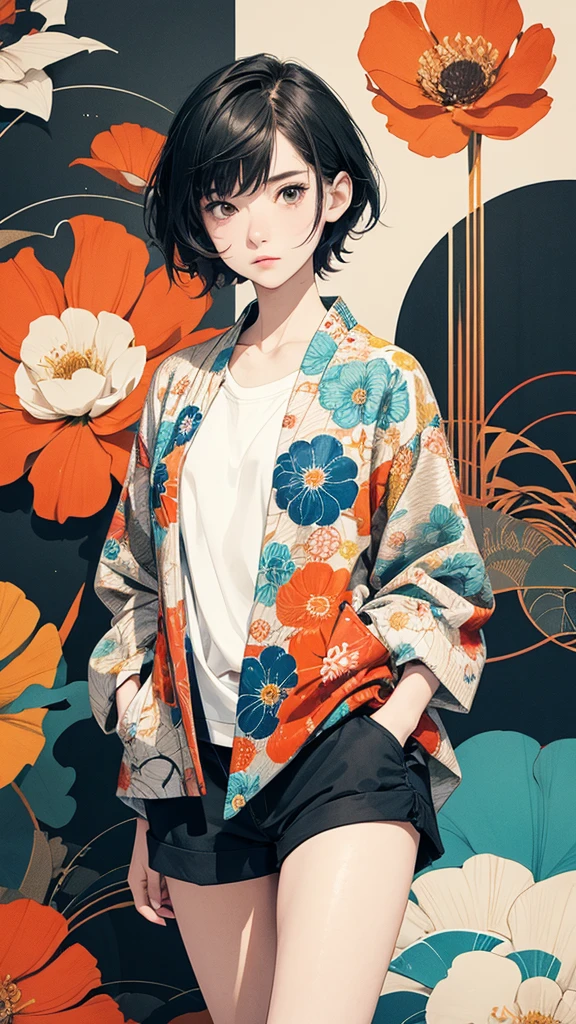 From above, 20-year-old woman, Asymmetrical short hair, Hands in pockets, Coordination of Japanese pattern jacket and micro mini shorts:1.2, Petal Collage, abstract design, artistic juxtapositions, And handle background, warm color, mixed-media approach, Anime Style, Simple lines, Digital Painting, (masterpiece, High resolution, Highest quality)