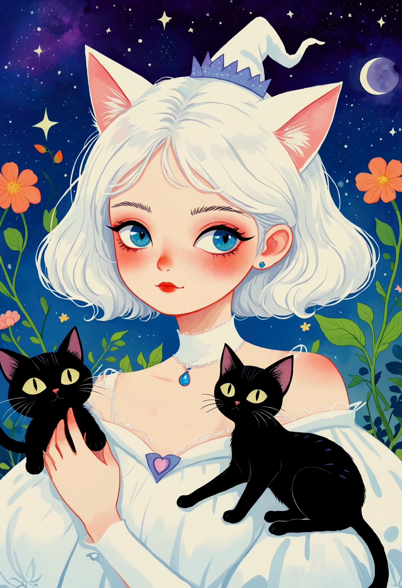 There is a painting,The painting is a girl,There is a cat on the shoulder, Storybook illustrations by Yuko Tatsushima, tumblr, Pop surrealism, Fairy tale illustration style, Cute illustrations, Cat witch, Drawn in a whimsical style, Cute storybook illustrations, Fantasy illustrations, Catwoman, white Catwoman, Fairy tale illustration, Princess Portrait, Fairy tale illustration