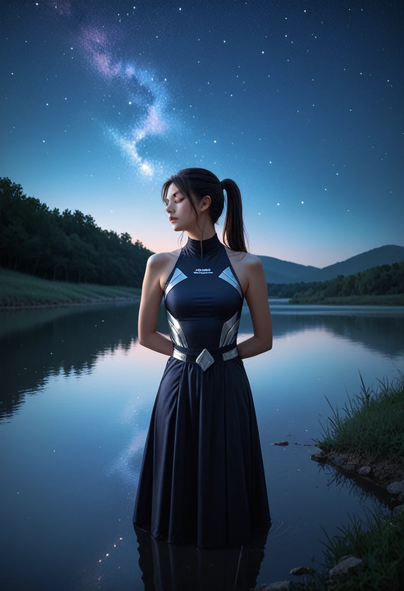 Break Bloodfallen, Break costume, ponytail, Outdoor, (night, Starry Sky:1.2), masterpiece, Put your arms behind your back, Highest quality, One girl, whole body, Mouth closed, lake, reflection, Outdoor, formula wallpaper