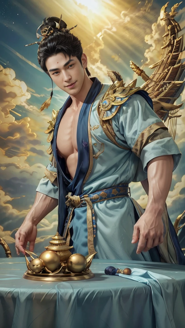 best quality、masterpiece、high resolutionเป็นพิเศษ、(Practicalally:1.4)、Delicate face、Solitary、１Male Human、Upper Body、Black Hair、Radiant Skin、Density of skin、(Korean men)、architecture、(nonsense、high resolution、Very detailed)、、1 man、aldult、(25-year-old male)、Handsome、高big的肌肉男、Broad shoulders、My hair is short.、Angle jaw、Thick neck、Thick eyebrows、My hair is short.、มีBlack Hair、ดวงตาที่ละเอียดและDelicate face、 Highly detailed CG Unity 8k wallpaper.、Intricate details、(Magic vortex style:0.7)、Looking at the audience、Solitary、(All female romance:0.6)、Detailed background、Delicate face、News posts、、Dynamic Elements、 big肌肉、、((((big))))、Handsome、 ((On the table:1.4, best quality)), ((On the table, best quality)), (ถ่ายภาพPractical:1.4)、(((Shaman)))、Smile, Surfing,、รอยSmile、The sky is clear and cloudy.、(Complex blue long-sleeved magic suit.), scarf, (Fantasy library background:1.2), Practical、Cana、Magic Circle