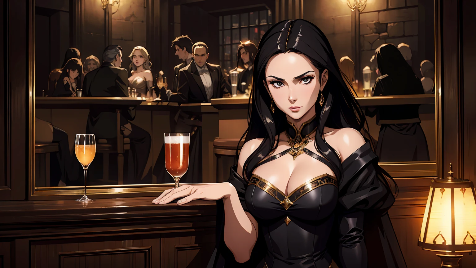 a glamorous woman in a medieval fantasy bar, drinking alcohol, elegant black dress, classic art style, detailed face and body, dramatic lighting, cinematic atmosphere, high quality, hyper detailed, photorealistic