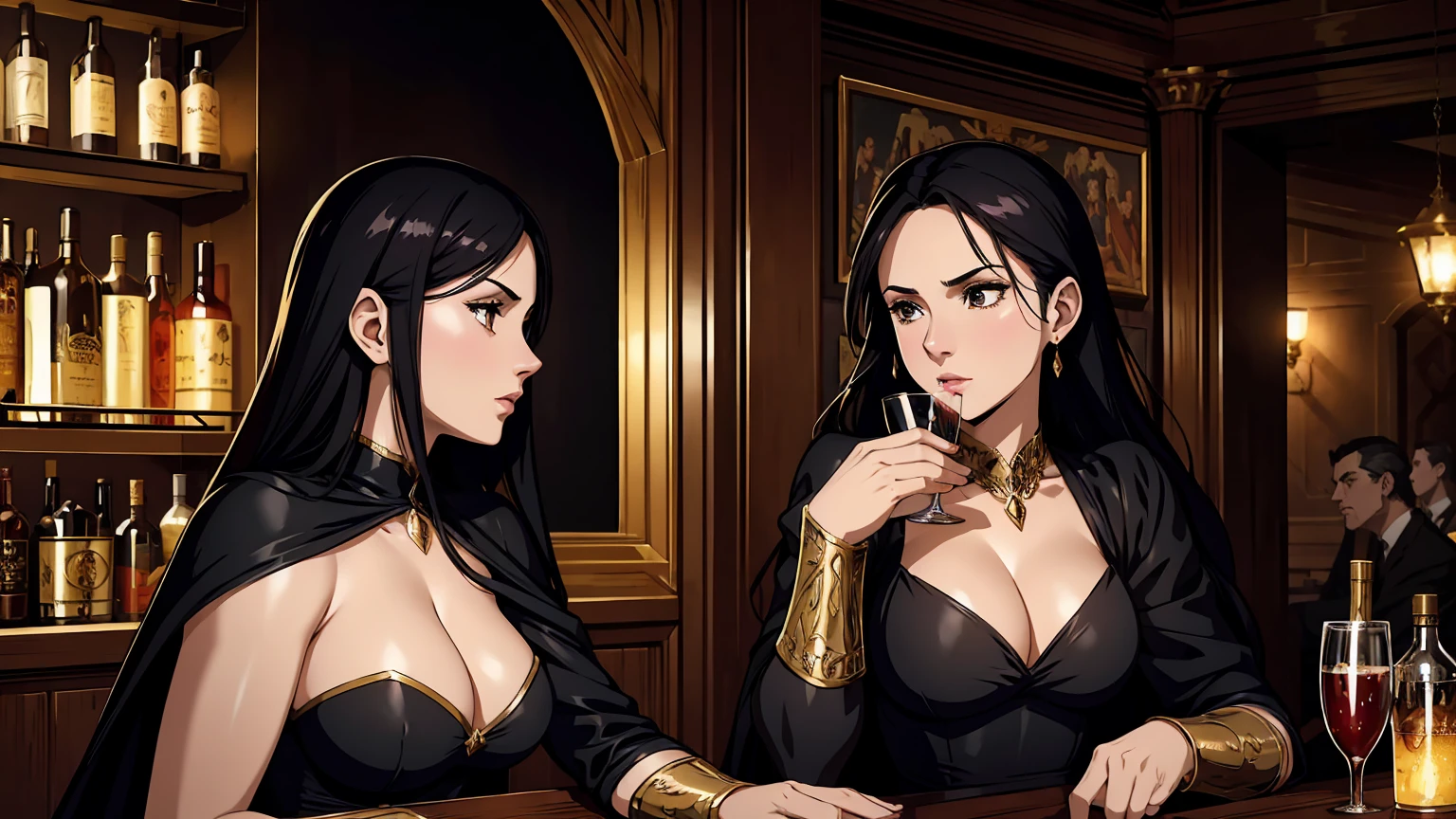 a glamorous woman in a medieval fantasy bar, drinking alcohol, elegant black dress, classic art style, detailed face and body, dramatic lighting, cinematic atmosphere, high quality, hyper detailed, photorealistic