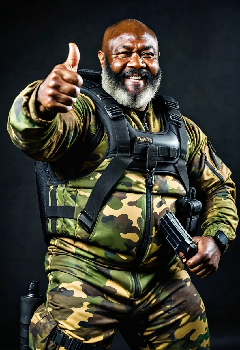 (a dark-skinned bearded fat muscular old man in a bulky army camouflage zipper diver suit) masturbating, thumbs up, carrying a gun, muscular, Bruce Onobrakpeya, sumatraism, stanley artgermm, action, heroic, fierce, ultra-detailed, best quality image, action-packed atmosphere.