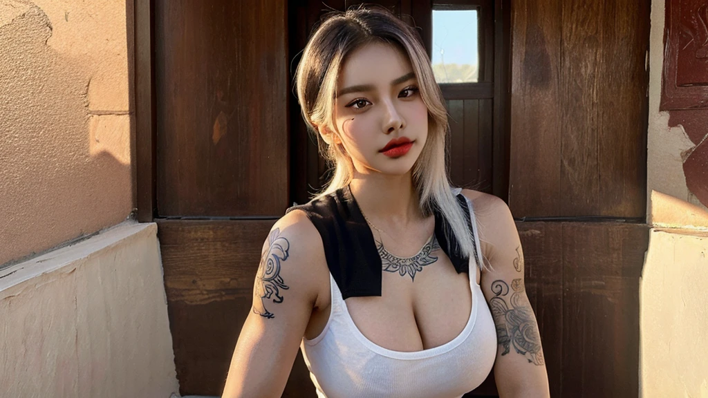 ((masterpiece:1.2, best quality, high resolution, distinct image)), Zoya from path to nowhere, muscular female, sharp eye, tattoo, perfect lighting, big breasts, bright white hair, black lips