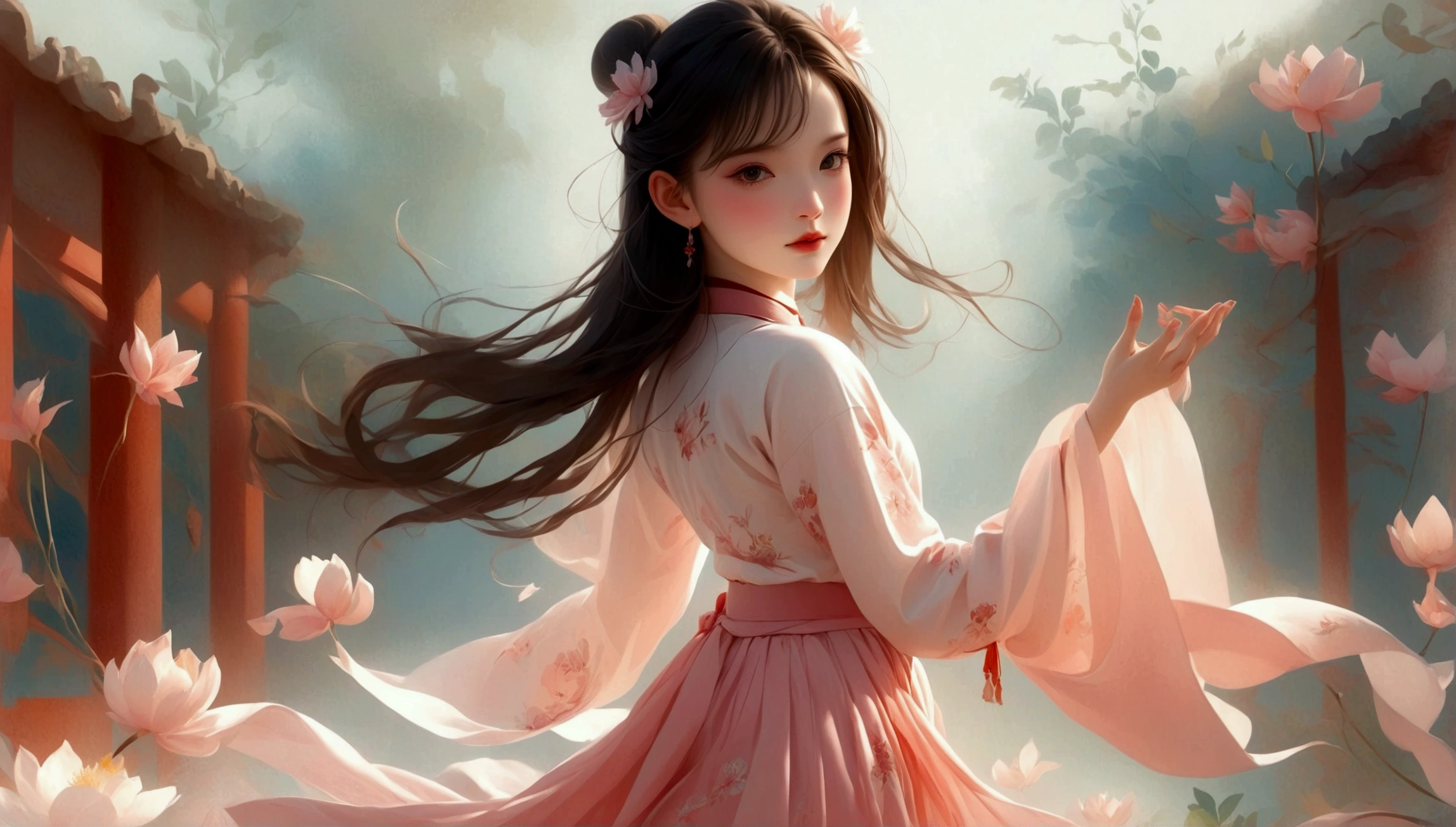 A  dancing；[Dark Eyes，confidence，High and cold，happy]；[Long skirt，Elegant，Long sleeve；Set，Light pink and white gradient，Traditional style，The skirt has no pattern，Long skirt下摆像花瓣，Connect with the background,White background；Full body panorama 1.5，Character front；Composition：The character is on the right side of the screen，Large area of white space；Long hair in the wind,Fashion, Dynamic photography, Dynamic photography；Influence of modernism, nature, , modern Art, Astonishing, blur background, Soft lighting，Character front光, happy emotion, Simple style；Minimalism。Panoramic photography；Shallow depth of field, Extraordinary details, masterpiece, high quality, 4K，cinematic lighting, motion blur, depth of field, sparkle, ray tracing, reflection light, anatomically correct, uhd, textured skin, best quality, super detail, highres, high details, accurate, high quality, award winning。