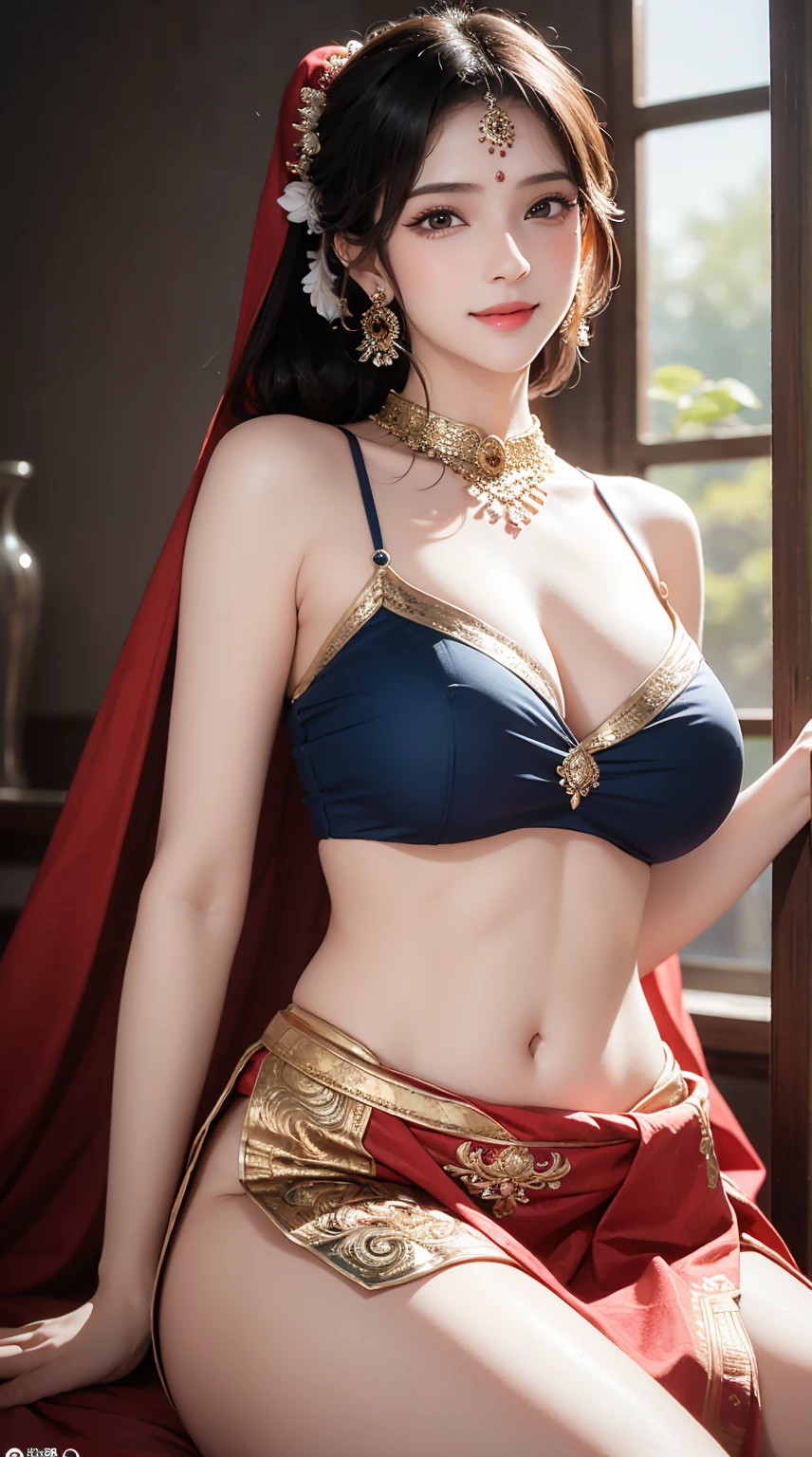 1girl, cute face,pretty face, jaw dropping beauty, cute smile,Indian clothes, Indian mythology dress, lehenga and choli, beautiful lehenga and choli , pony tail,((ultra high detailed 1.9)),((ultra high resolution 1.9)),((ultra high quality 1.9)),(masterpiece)), (perfect lightings), (very Big breasts 1.9)), ultra huge breast, deep neckline sexy navel, showing her body