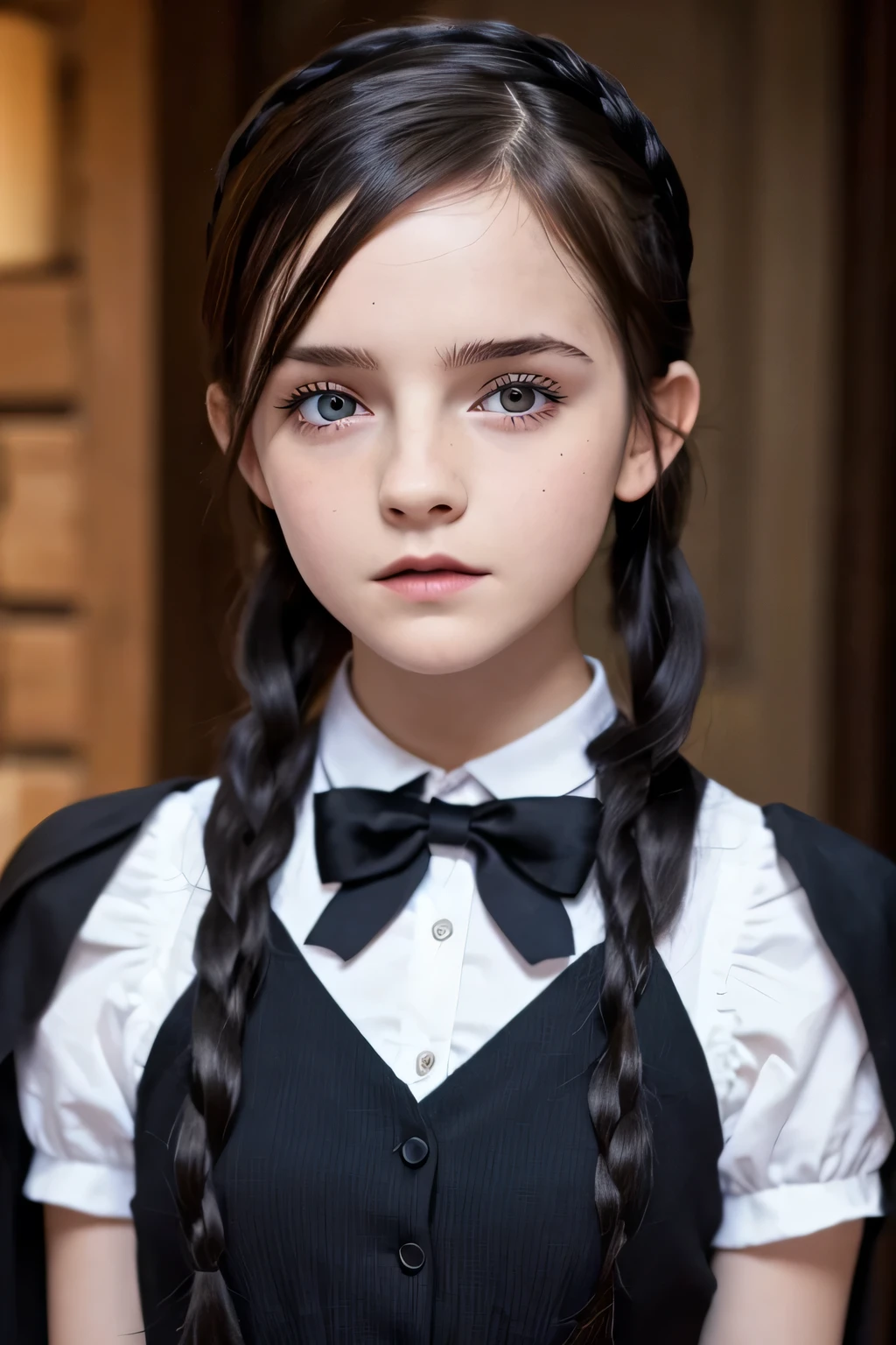 1 girl, topless, Emma Watson, dresses as Wednesday Addams