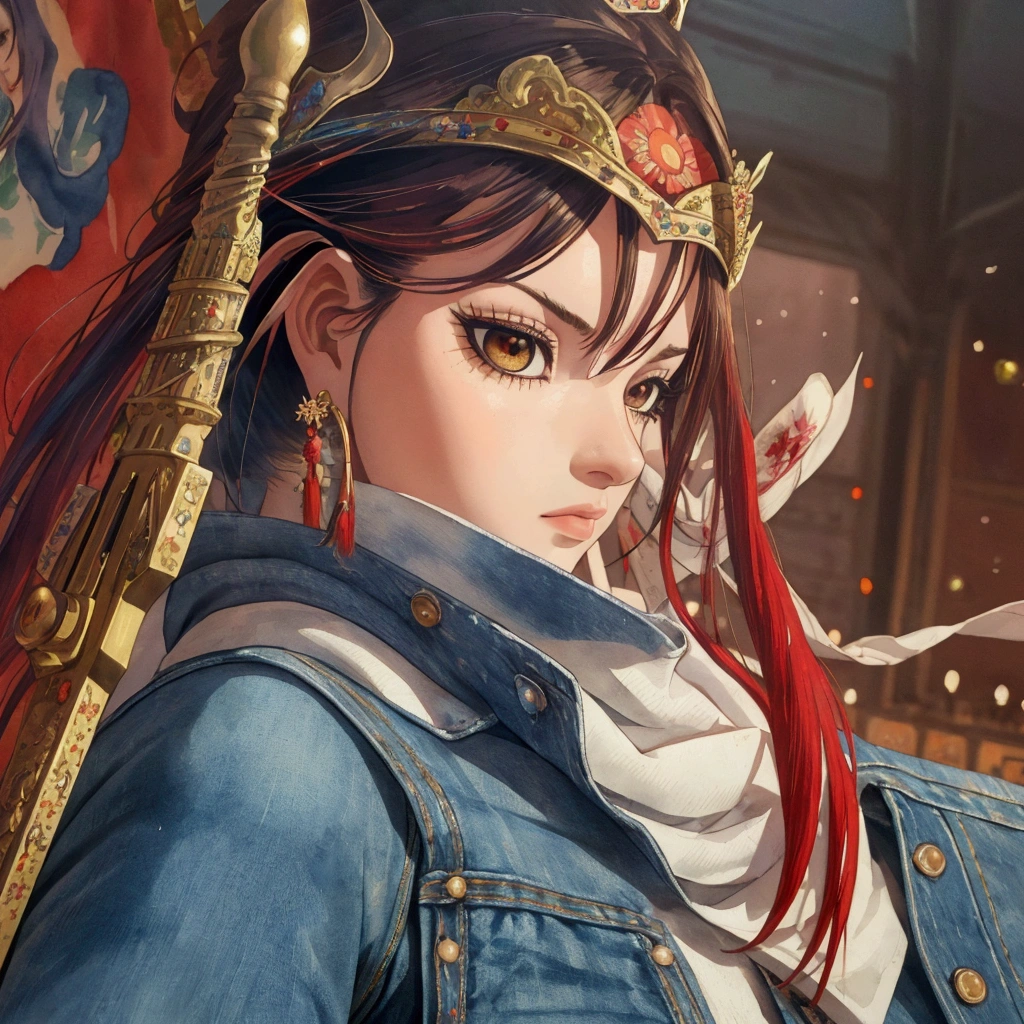 Best quality, masterpiece, super detailed high resolution, (realistic: 1.4), watercolor style, illustration, dazzling background color,, 1 Girl Holding Weapon, (Solo Exhibition: 1.2), (Denim Lens: 1.2), (Hair Crown: 1.2), Chinese Dunhuang Traditional Costume, No Straps, (Red Eyeliner: 1.2), (: 1.4), Earrings, Dynamic Angle, Opera House, messy_long_hair, Ink, Movie Lights, lens_flare, Velvet, Chrysanthemum, Tassels, Ribbons, Color Embroidery,