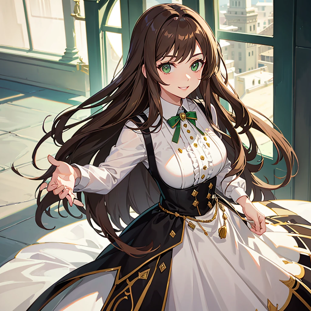adult woman, long brown hair, green eyes, White formal wear, pomade, smile, masterpiece, high quality