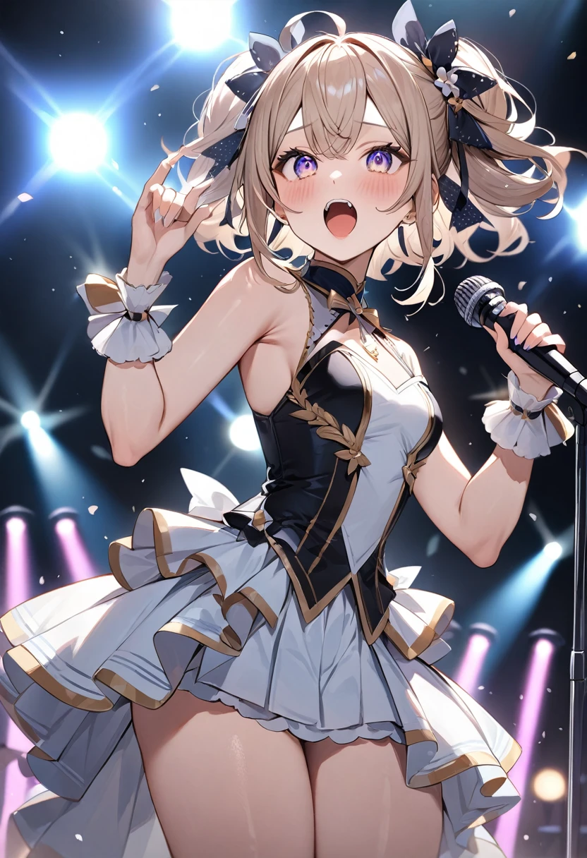 (masterpiece, top quality, very aesthetic, 4k、illustration), intricate detail, 1woman,、solo,contrapposto 、,(cowboy shot)、(Singing passionately),Cute、Hold the microphone with both hands、singing、shout、Random Hairstyle、Random Hair Color、,middle hair,sidelock ,Random Color　eyes、idol clothes、small breasts、Slim 、