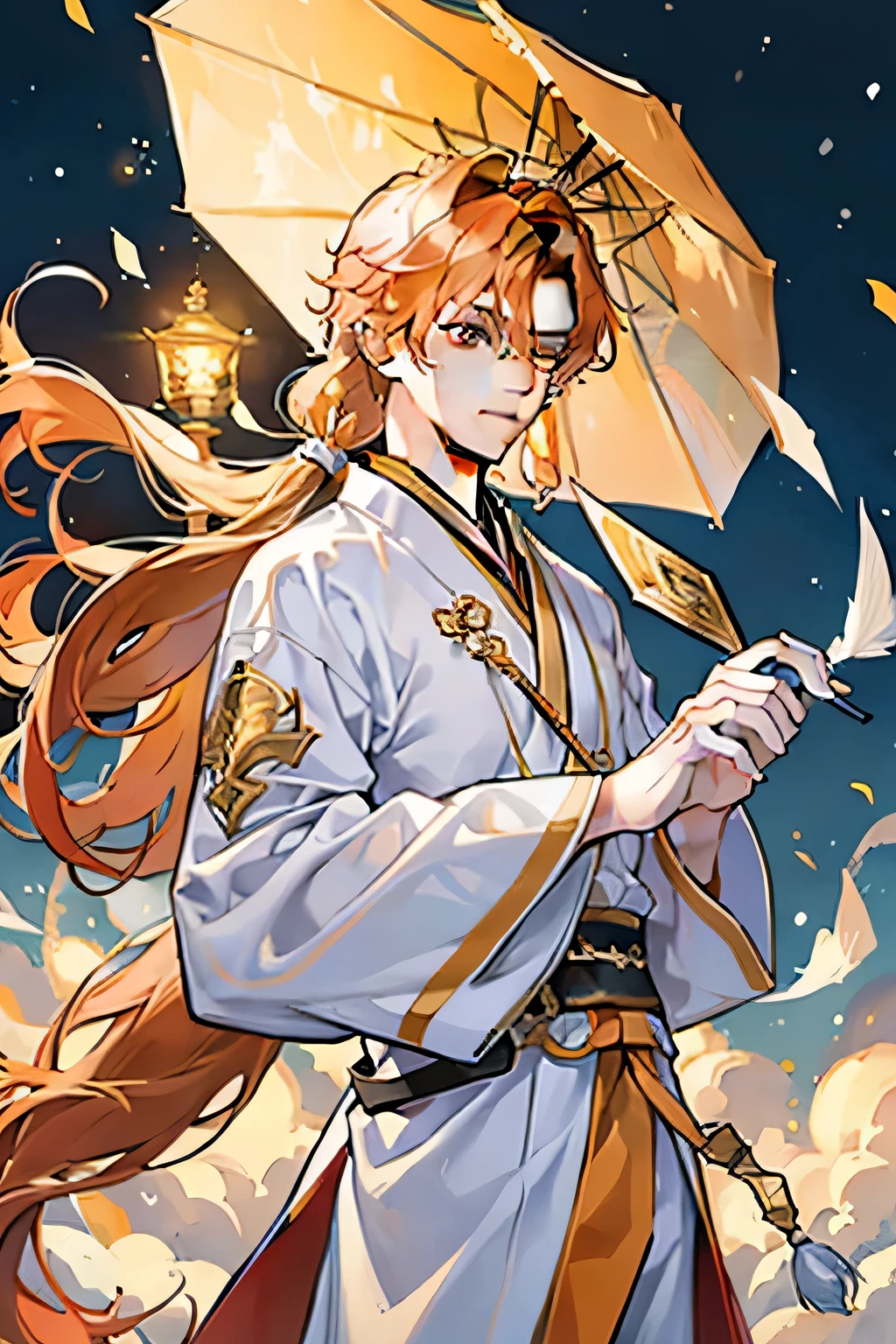 Drawing of a cool young male，Wearing Hanfu，Gold and white are the main colors，The pose is located on the left side，Has long orange hair，One-person image drawn in 2D style。masterpiece、Orange long hair wolf tail，Orange-toned fantasy eyes，Snow days，Gold umbrella with tassels，youth、Mature、Ancient style martial arts sect leader，Chill，Rune paper，Fantasy、Sunlight、Foam Swirl、Wind cyclone、daytime，Extreme weather, Starlight around the character, whole body