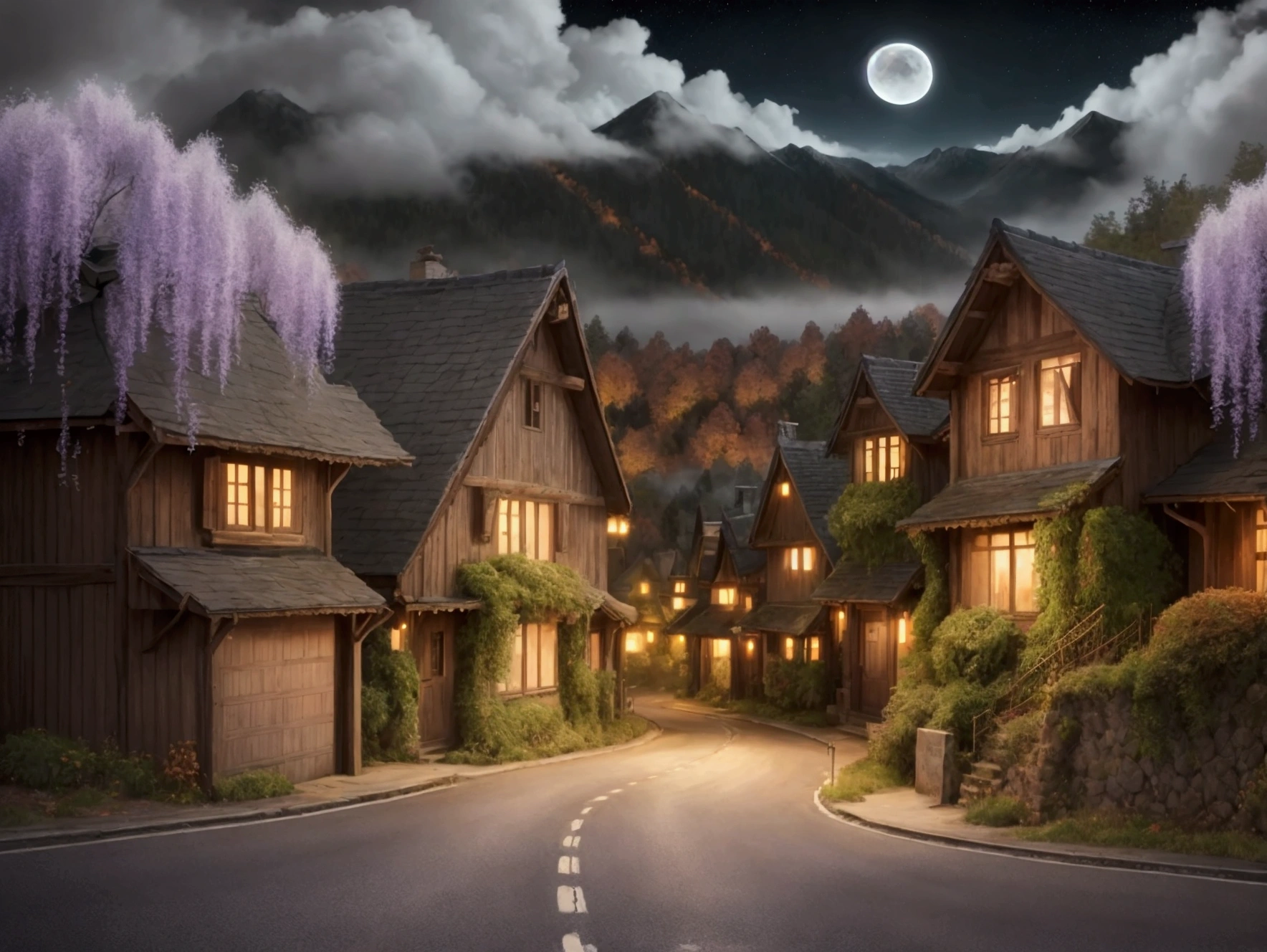 Angels landed on a village road, abstract image, autumnal, dark misty moon night, mountainous, houses covered cascading wisteria vines cloudy mountains, a mama brown bear with kids

