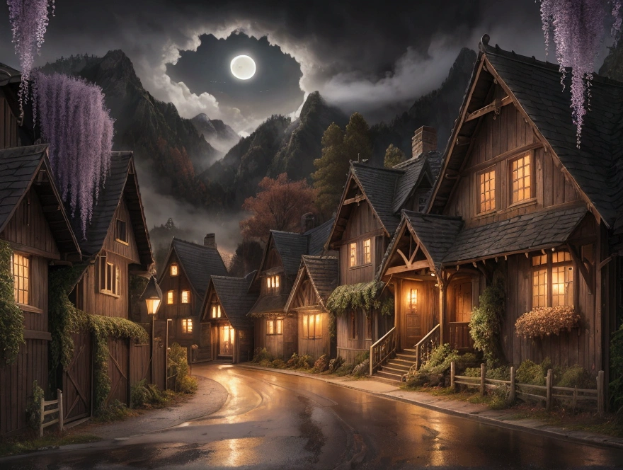 Angels landed on a village road, abstract image, autumnal, dark misty moon night, mountainous, houses covered cascading wisteria vines cloudy mountains, a mama brown bear with kids

