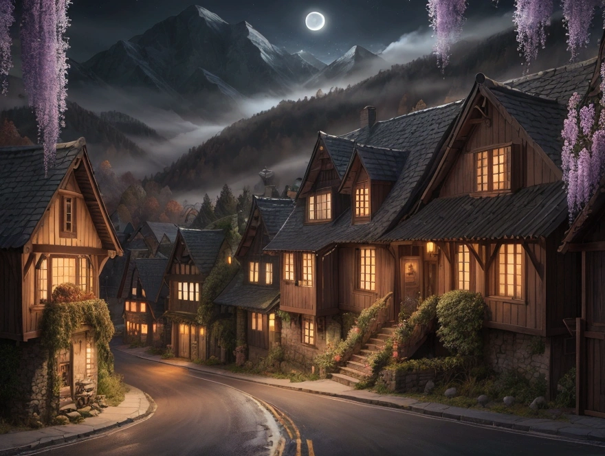 Angels landed on a village road, abstract image, autumnal, dark misty moon night, mountainous, houses covered cascading wisteria vines cloudy mountains, a mama brown bear with kids