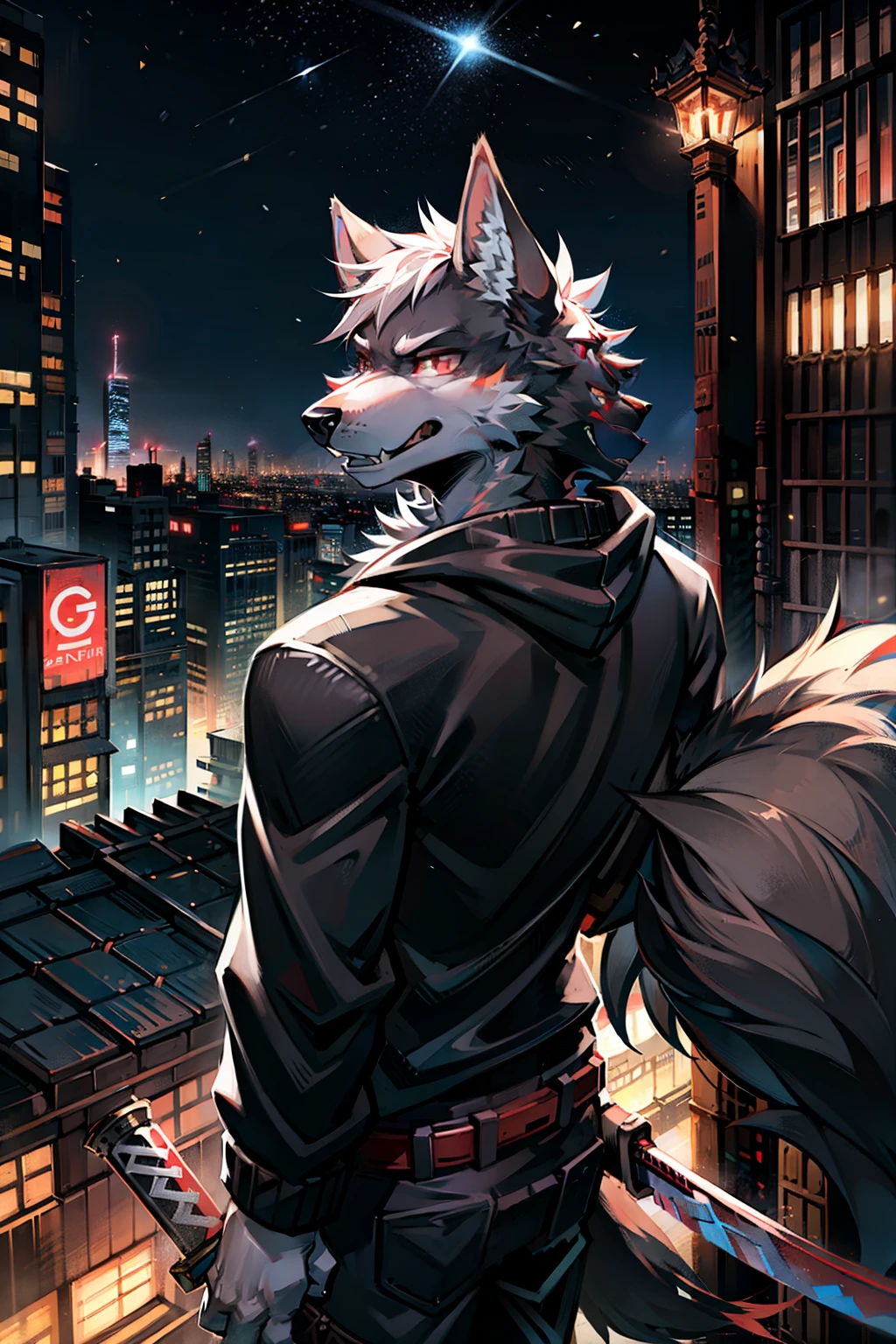 On the rooftop of a technologically advanced city at night。One black one，Red eyes，With a samurai sword on his back，Cyberpunk，Wearing a black sweatshirt，cool，A high school student wolf beastman with a cold face