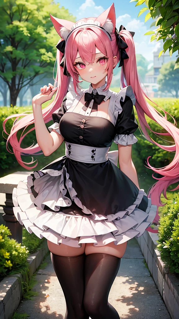 (Highest quality,High resolution,Very detailed,girl)black tights,Pink Hair,height: 160cm,cute,Pink Eyes,Wearing maid uniform,Twin tails,Big Breasts,Her eyes are white and shining,Has bright white eyes,looks very shy,Cat ears grow,tail is growing,